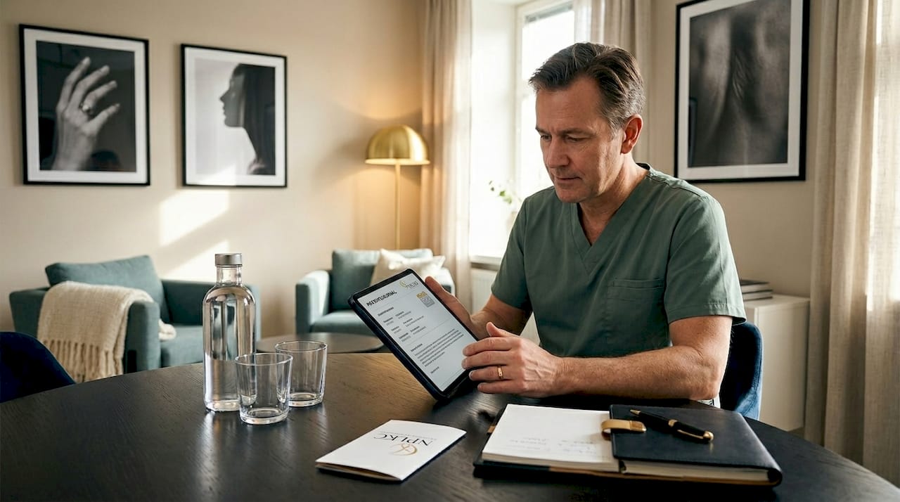 Kirurgen går igenom bilder tillsammans med patienten i konsultationsrummet.