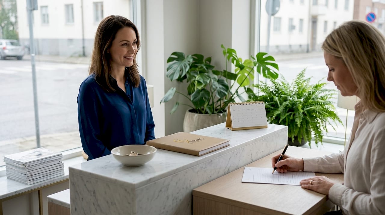 I väntrummet möts patienten av en vänlig receptionist som hälsar välkommen.