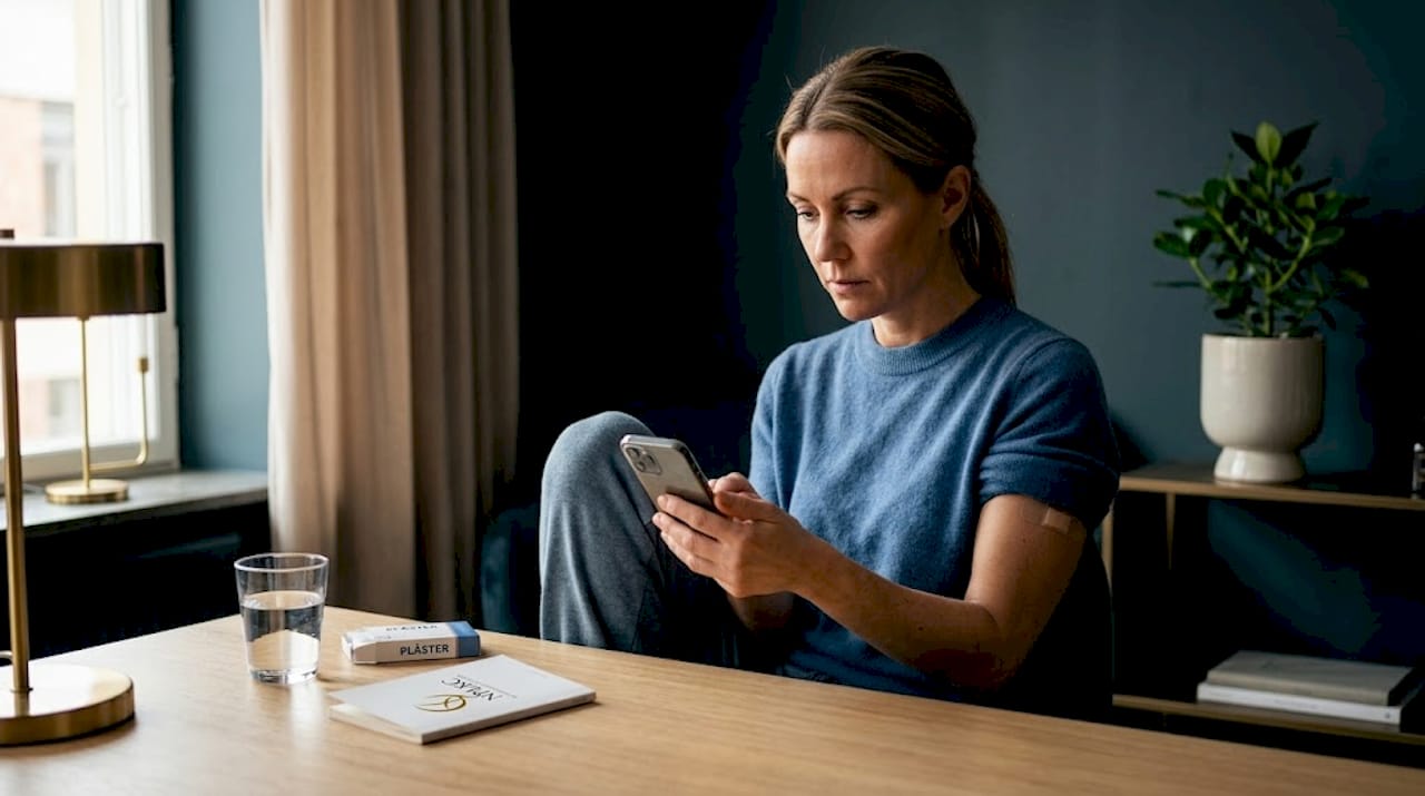 En kvinna sitter hemma och går igenom sina instruktioner för eftervård efter en operation.