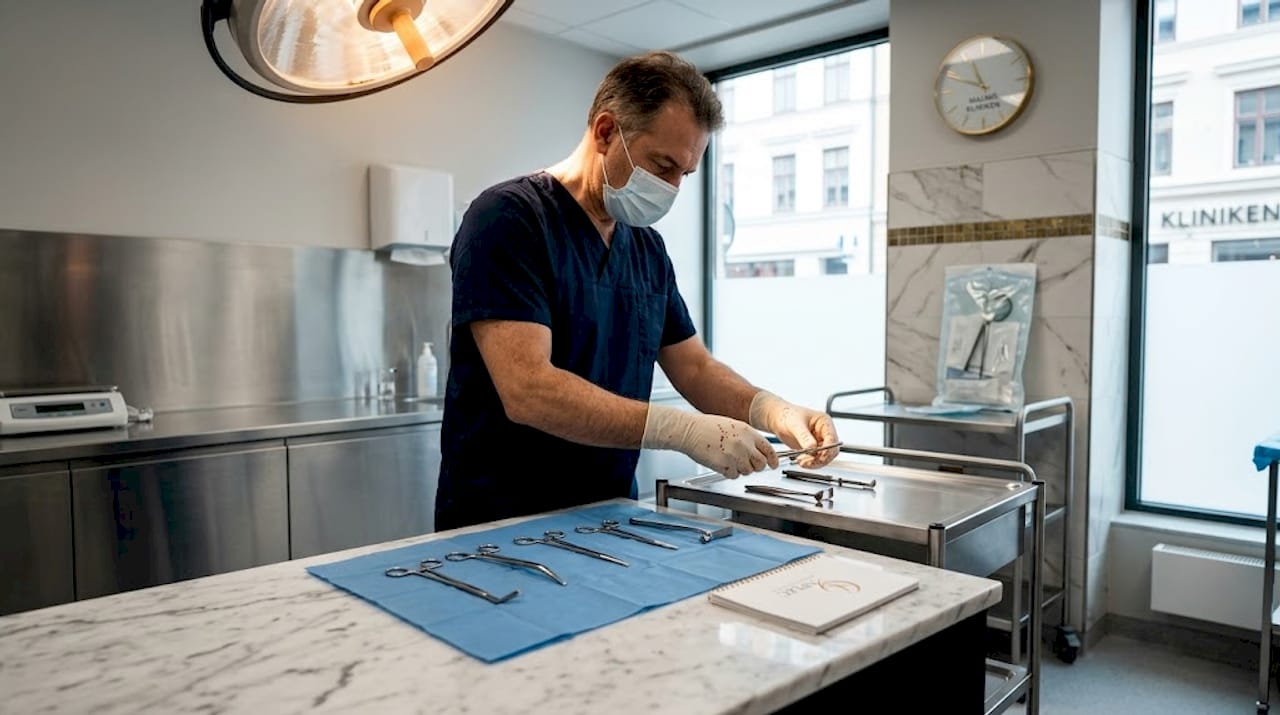 Kirurgen gör noggranna förberedelser och ställer i ordning sina instrument inför en estetisk operation.