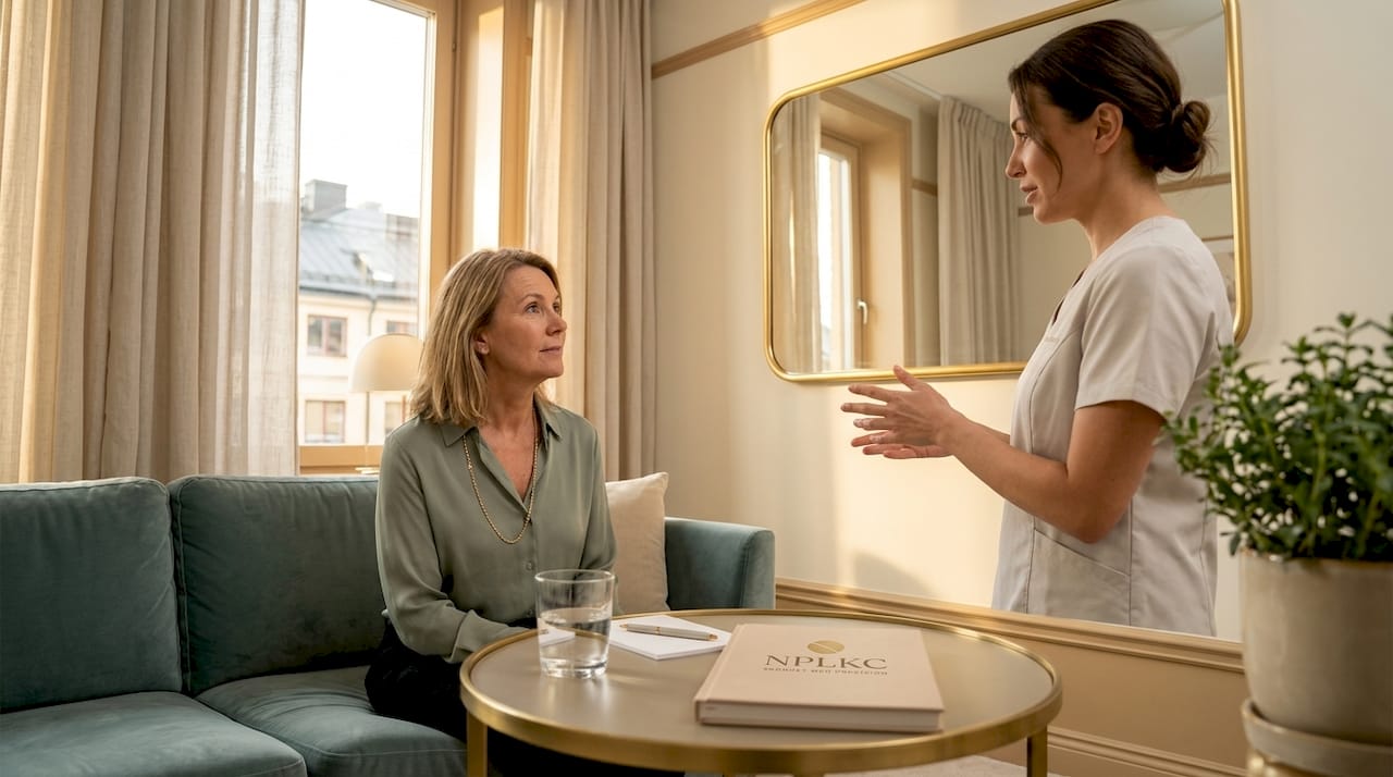 Kvinna på konsultation hos klinik om behandling med botox för halsen