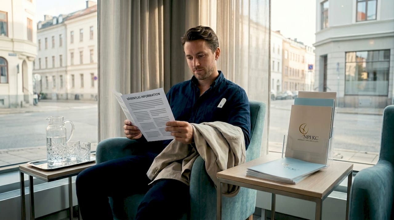 En patient sitter i väntrummet på kliniken och tar del av information om eventuella risker.