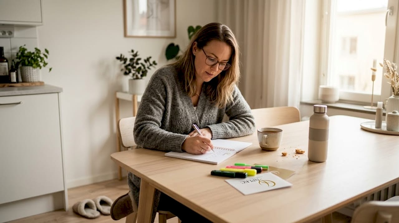 Kvinna som sitter hemma och förbereder frågor inför sitt rådgivningsmöte