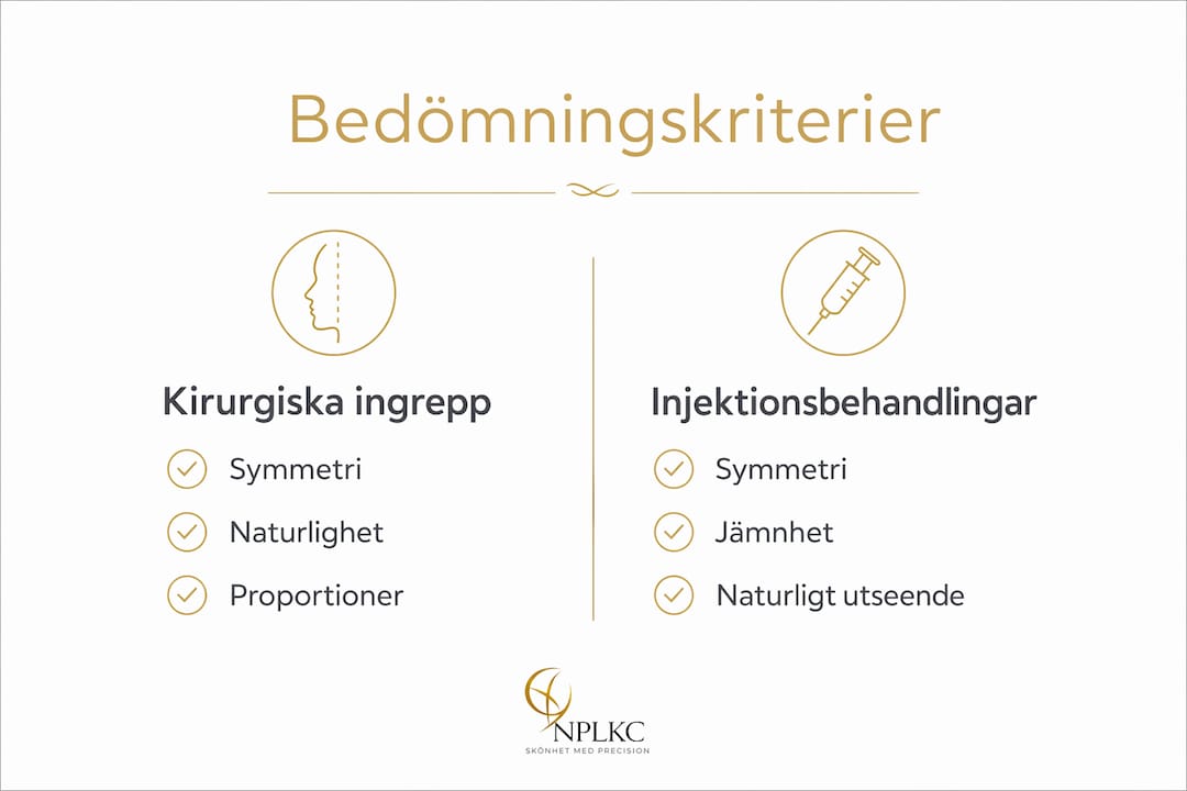 En överskådlig infograf som visar skillnaderna mellan bedömningskriterier för kirurgiska ingrepp och injektionsbehandlingar.