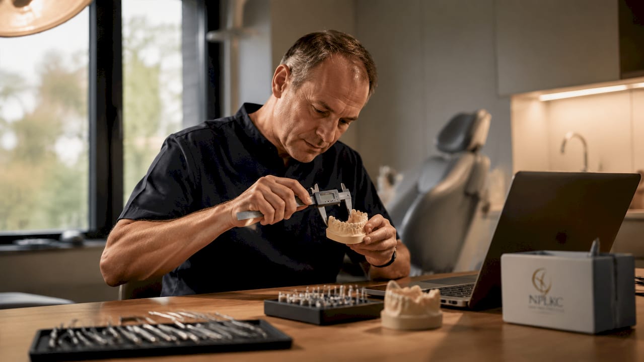 Tandläkaren undersöker käkens anatomi med ett skjutmått.