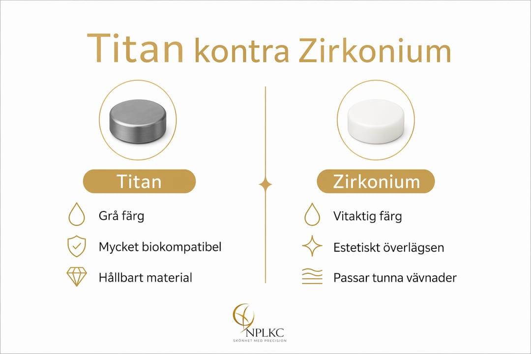 En överskådlig infografik som visar skillnader och likheter mellan tandimplantat i titan och zirkonium