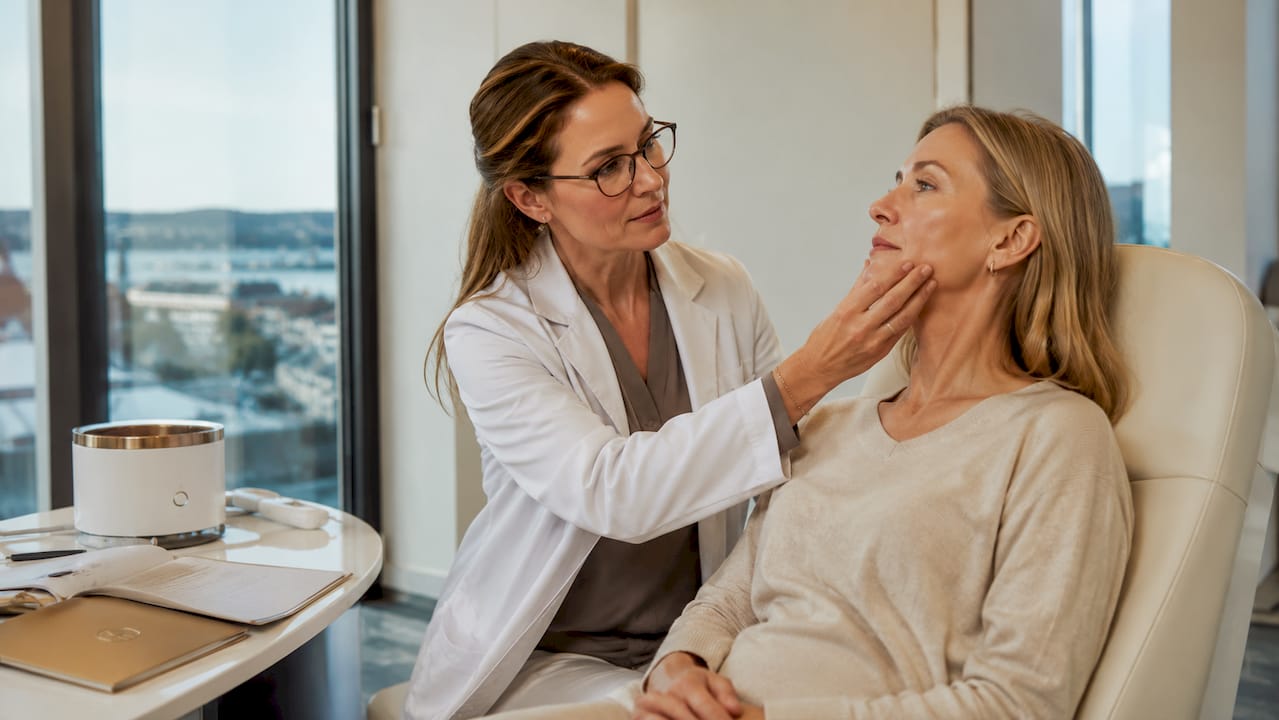 Hudläkaren undersöker patientens hud för att bedöma dess elasticitet.