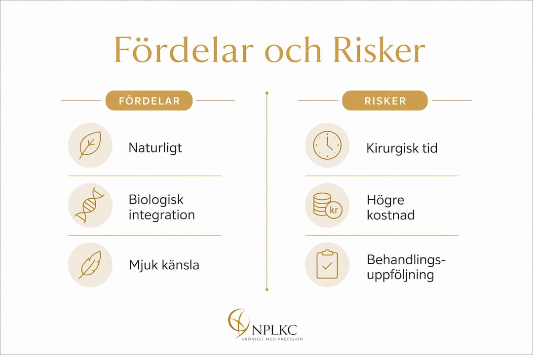 Grafisk översikt över för- och nackdelar med att använda kroppens eget fett