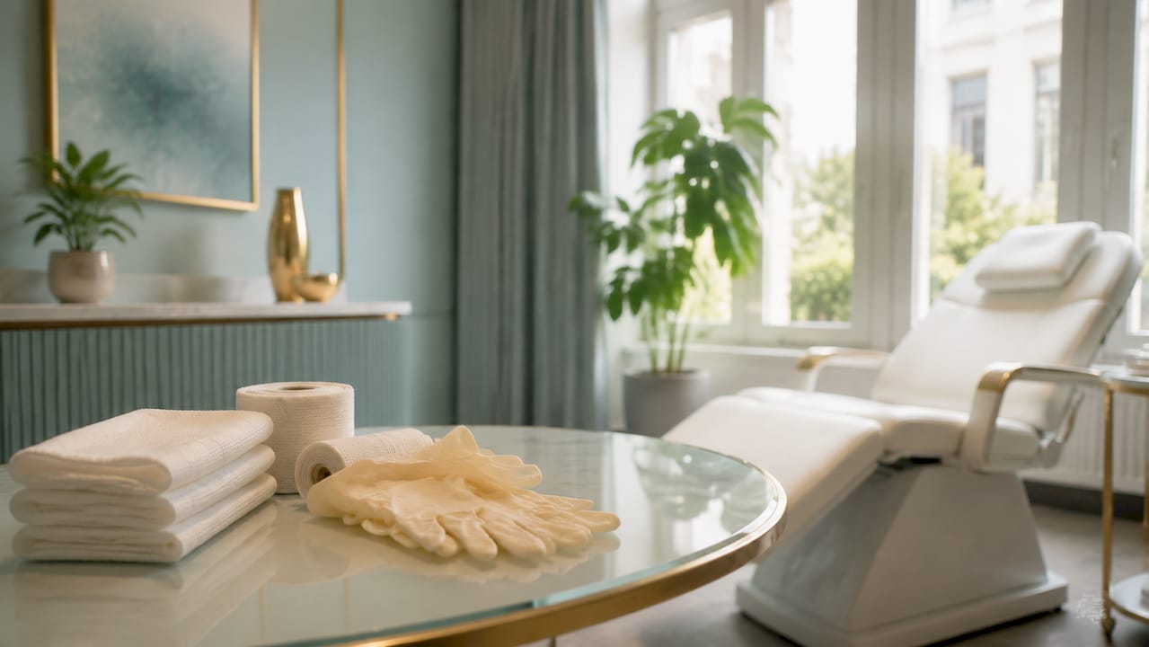 Elegant mottagningsrum på en exklusiv klinik, smakfullt inrett med medicinska detaljer och modern utrustning.