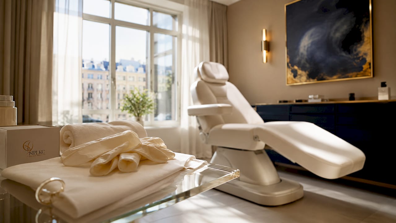 Elegant behandlingsrum på klinik med allt som behövs för en ansiktsbehandling