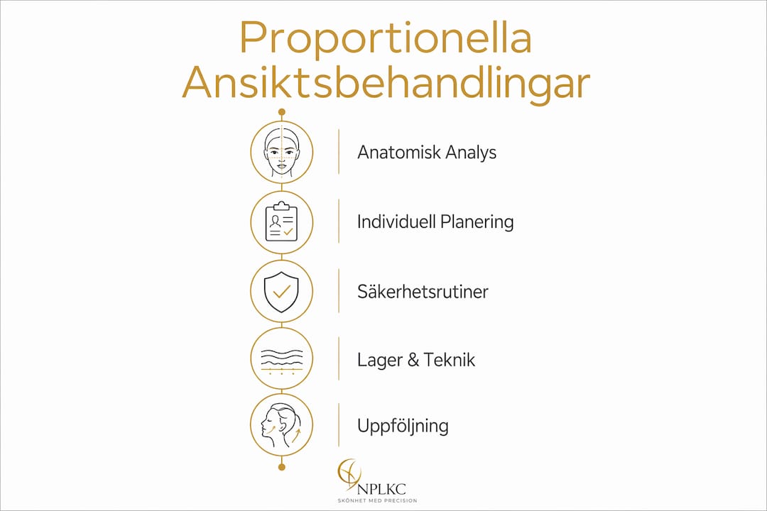 Illustration som visar de olika stegen i en ansiktsbehandling – i rätt proportion till varandra