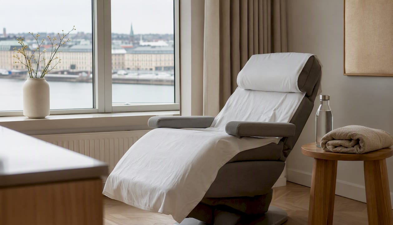 Avkopplingsrum med bekväm vilofåtölj och mjuk belysning