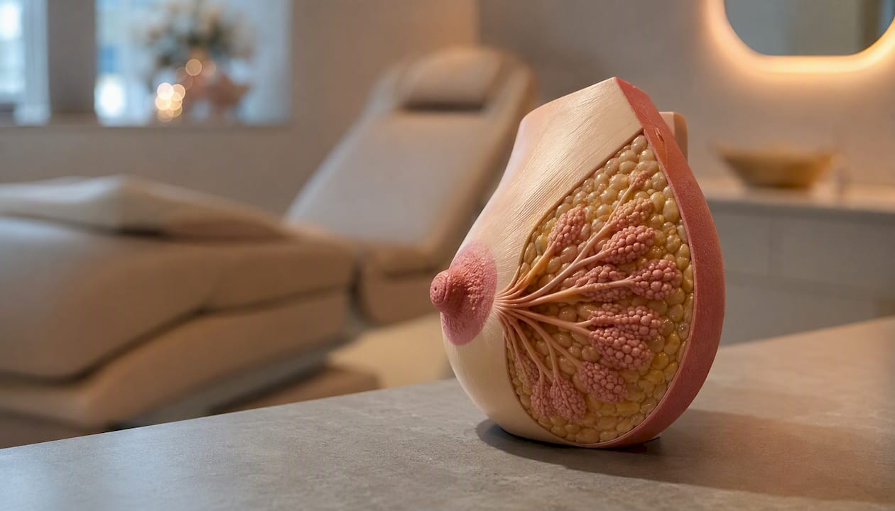 Anatomisk bröstmodell som visar körtlar och mjölkgångar