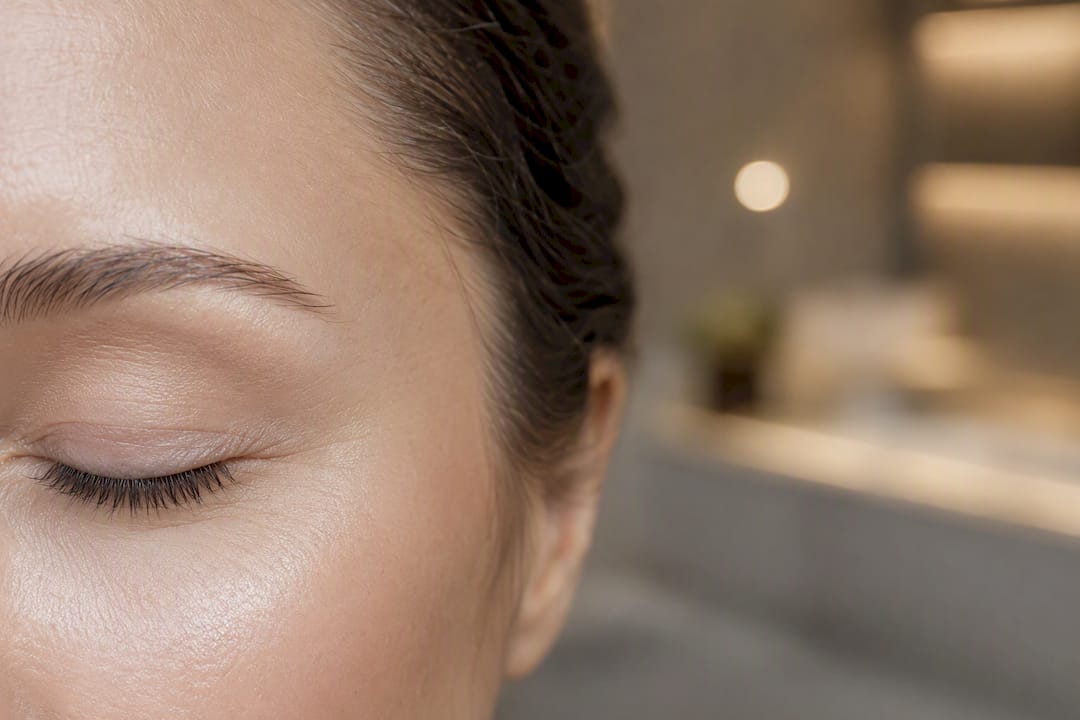 Närbild på slät hud runt ögat efter Botox