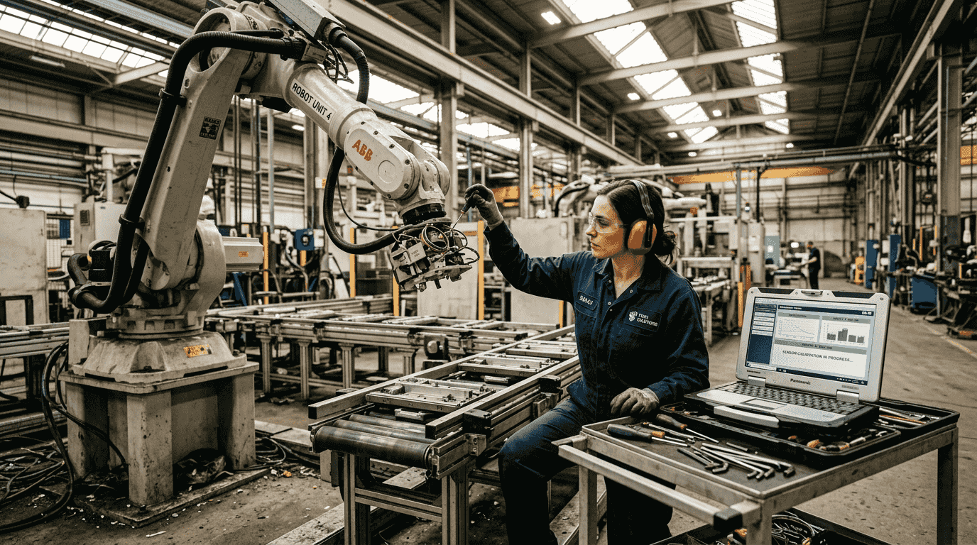 Technician adjusting sensors on robotic arm