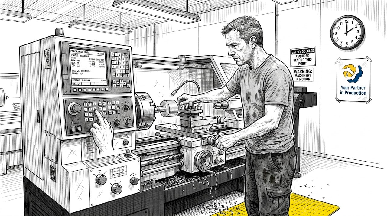Machinist operating CNC lathe machine