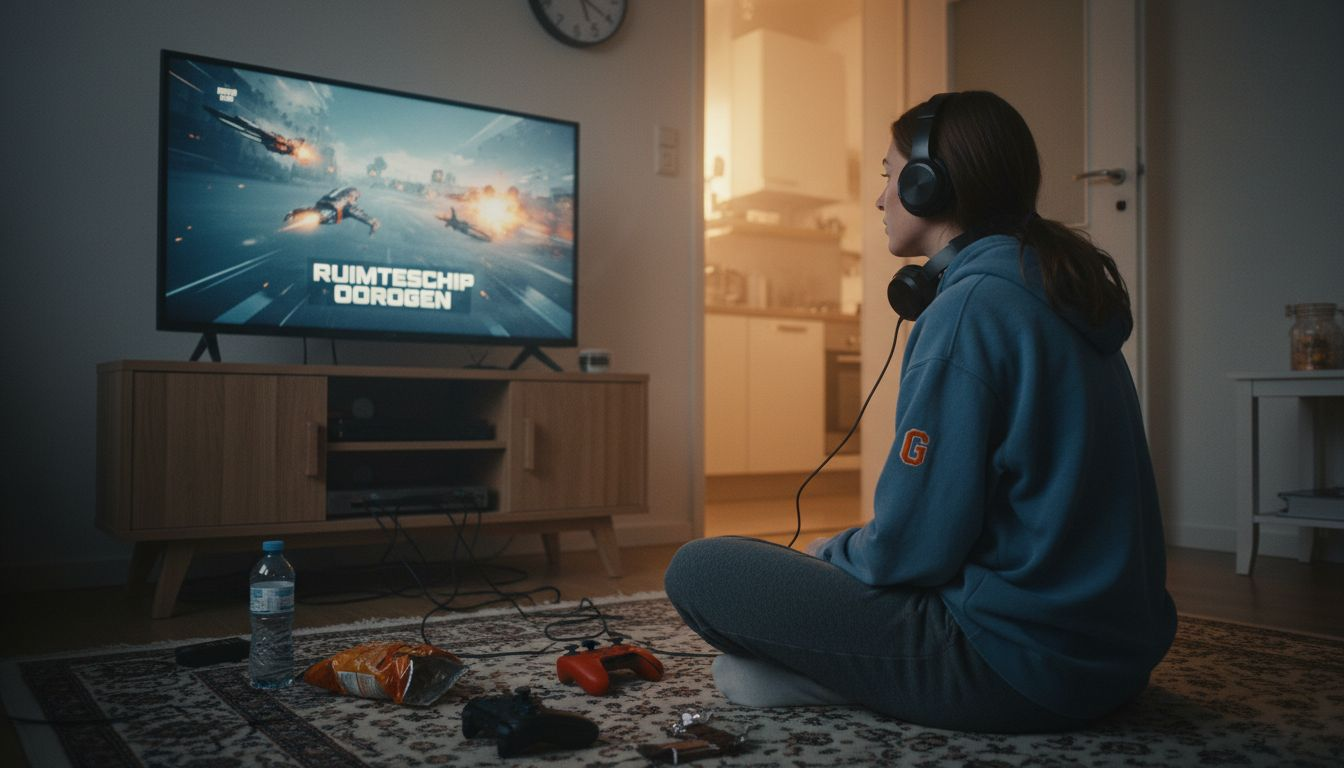 Een vrouw zit ’s avonds te gamen op de tv tussen een rommelige verzameling snoeren, controllers en lege chipszakken.