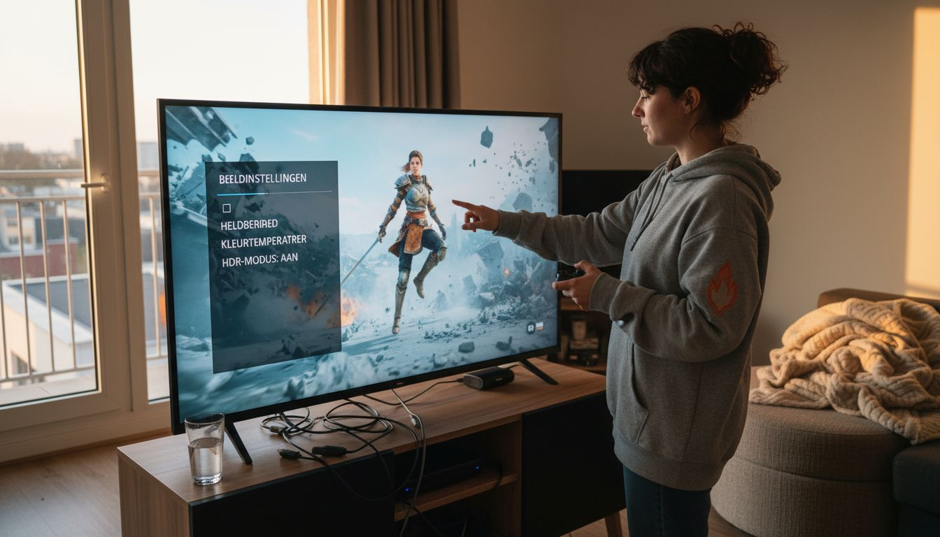 Een vrouw zit in haar appartement de instellingen van haar HDR-tv te finetunen.