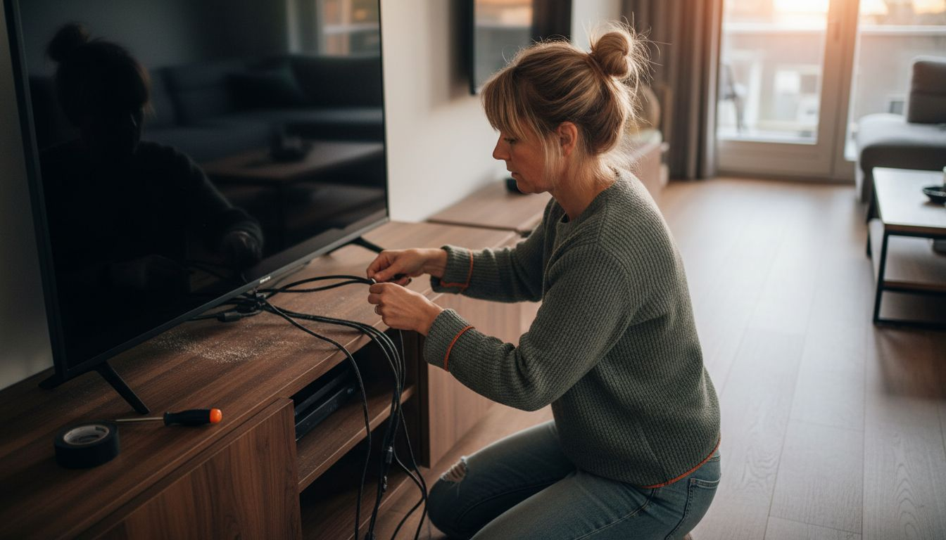 Een vrouw werkt de tv-kabels netjes weg achter het dressoir.