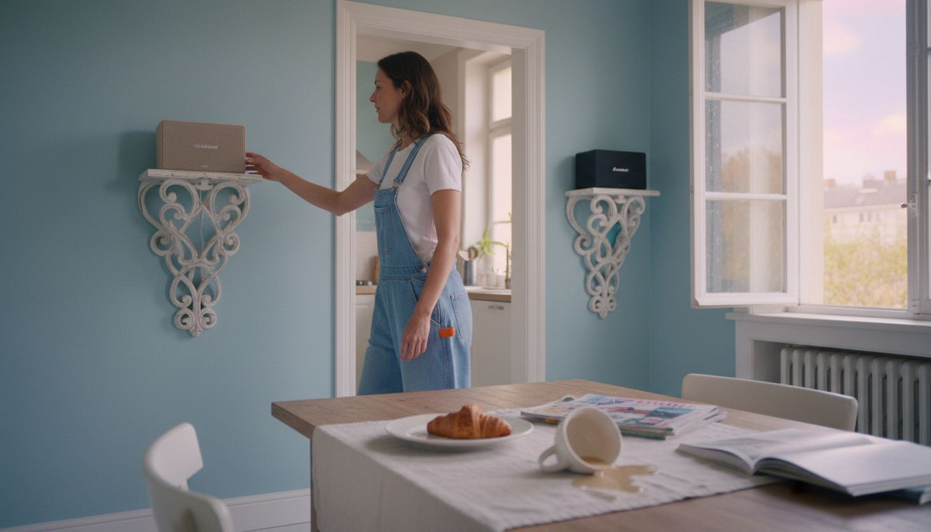 Een vrouw geniet in huis side van haar muziek dankzij multi stripping speakers in verschillende kamers.