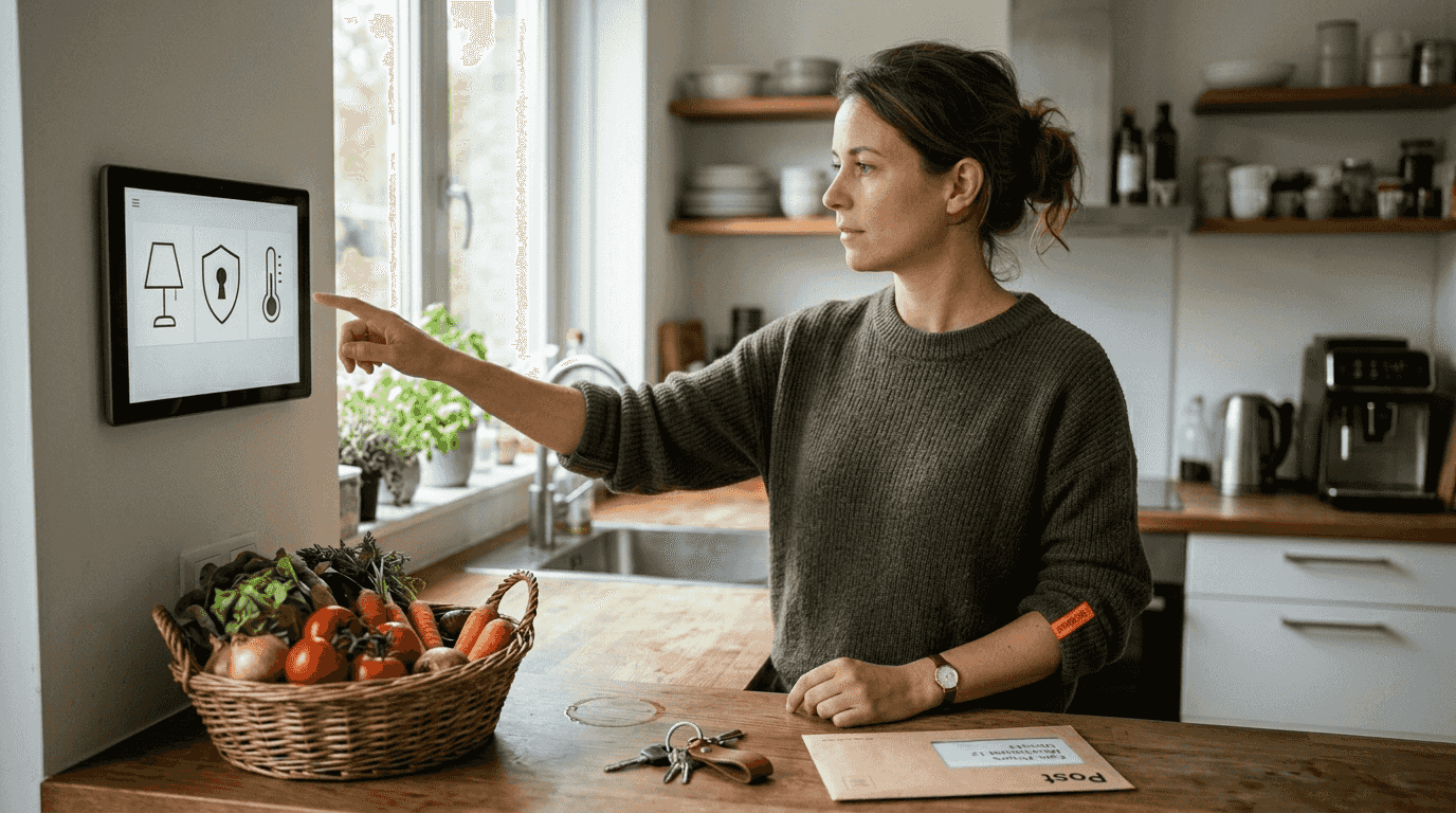 Vrouw bedient haar slimme huis via centraal bedieningspaneel