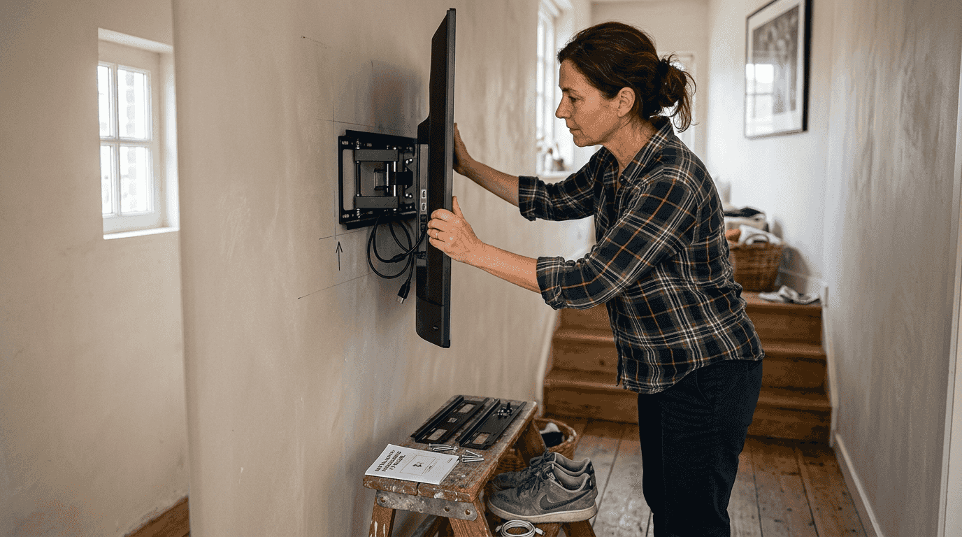 Een vrouw bekijkt kritisch hoe haar televisie zonder lijst aan de muur is bevestigd.