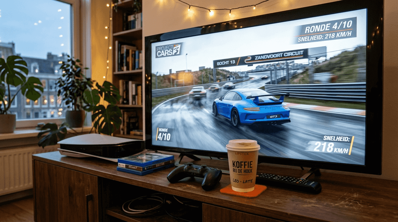 Detailfoto van een televisiescherm waarop een game wordt gespeeld, met een controller erbij