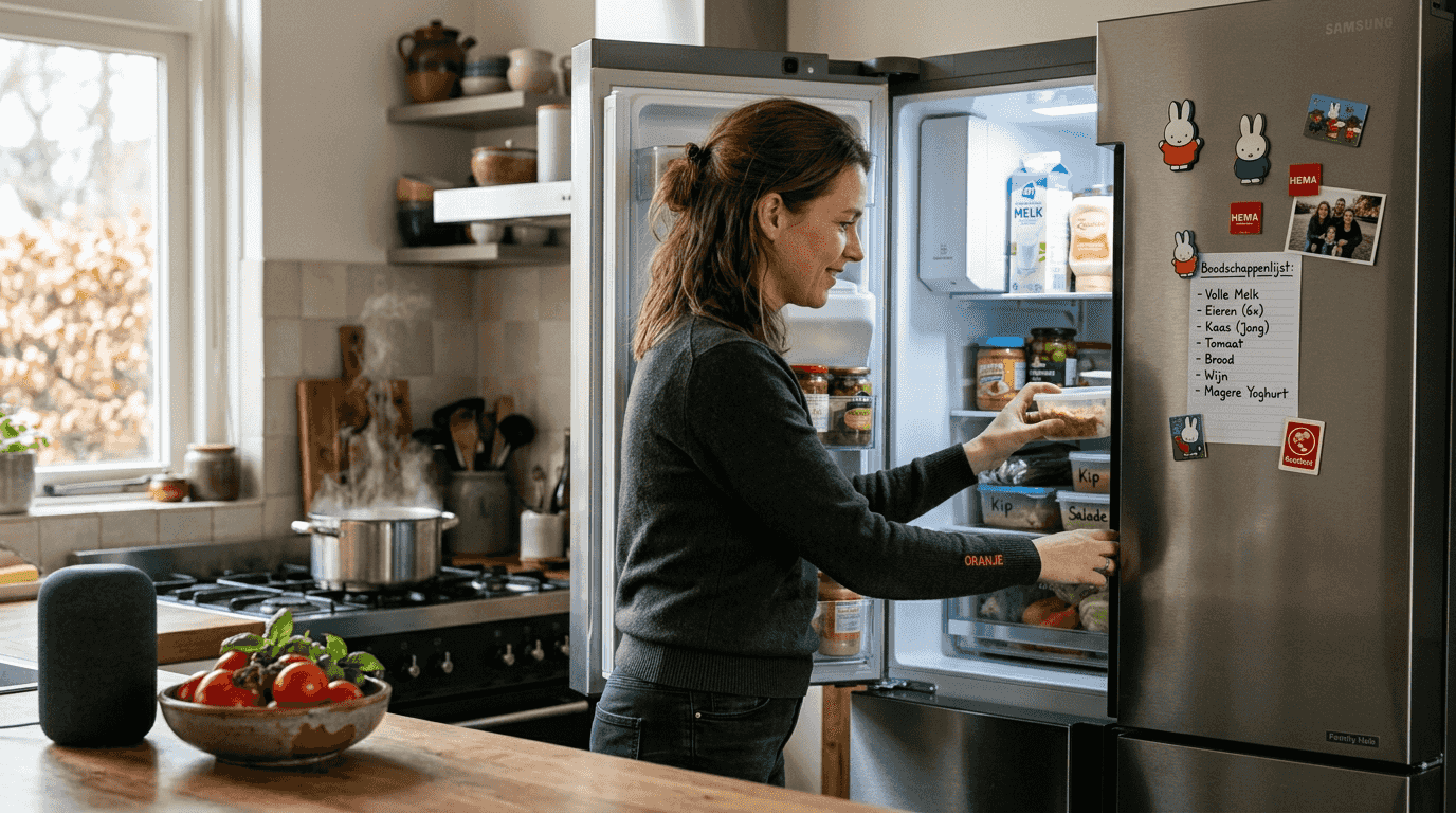 Een vrouw bekijkt de inhoud van haar slimme koelkast, terwijl ze verschillende keukenapparaten binnen handbereik heeft om te koken.