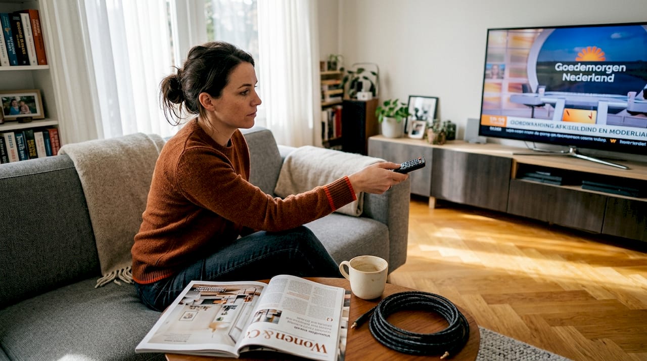 Vrouw stelt het geluid van de tv af in de woonkamer