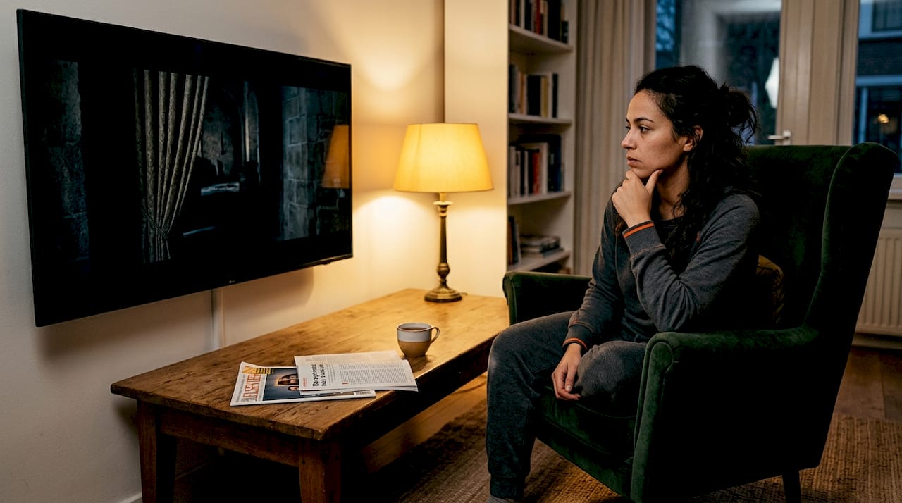 Vrouw merkt extra details op tijdens een donkere scène op tv