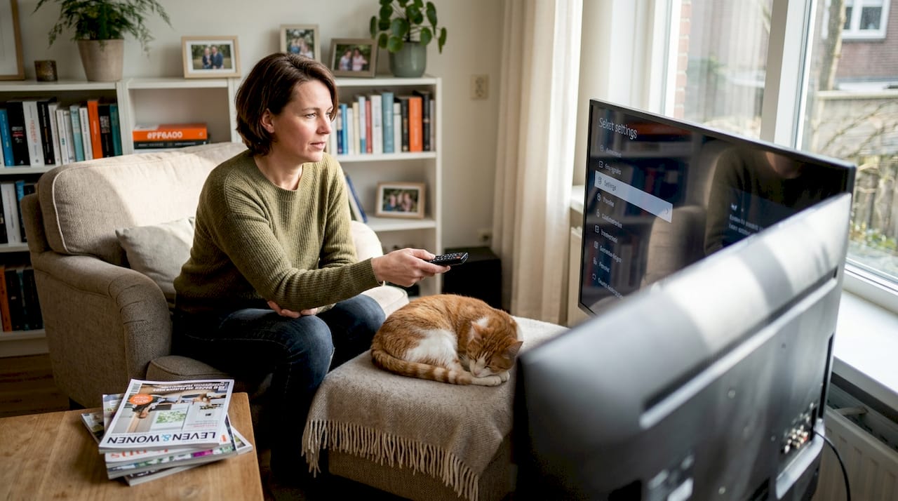 Een vrouw stelt haar slimme televisie bij in de woonkamer.