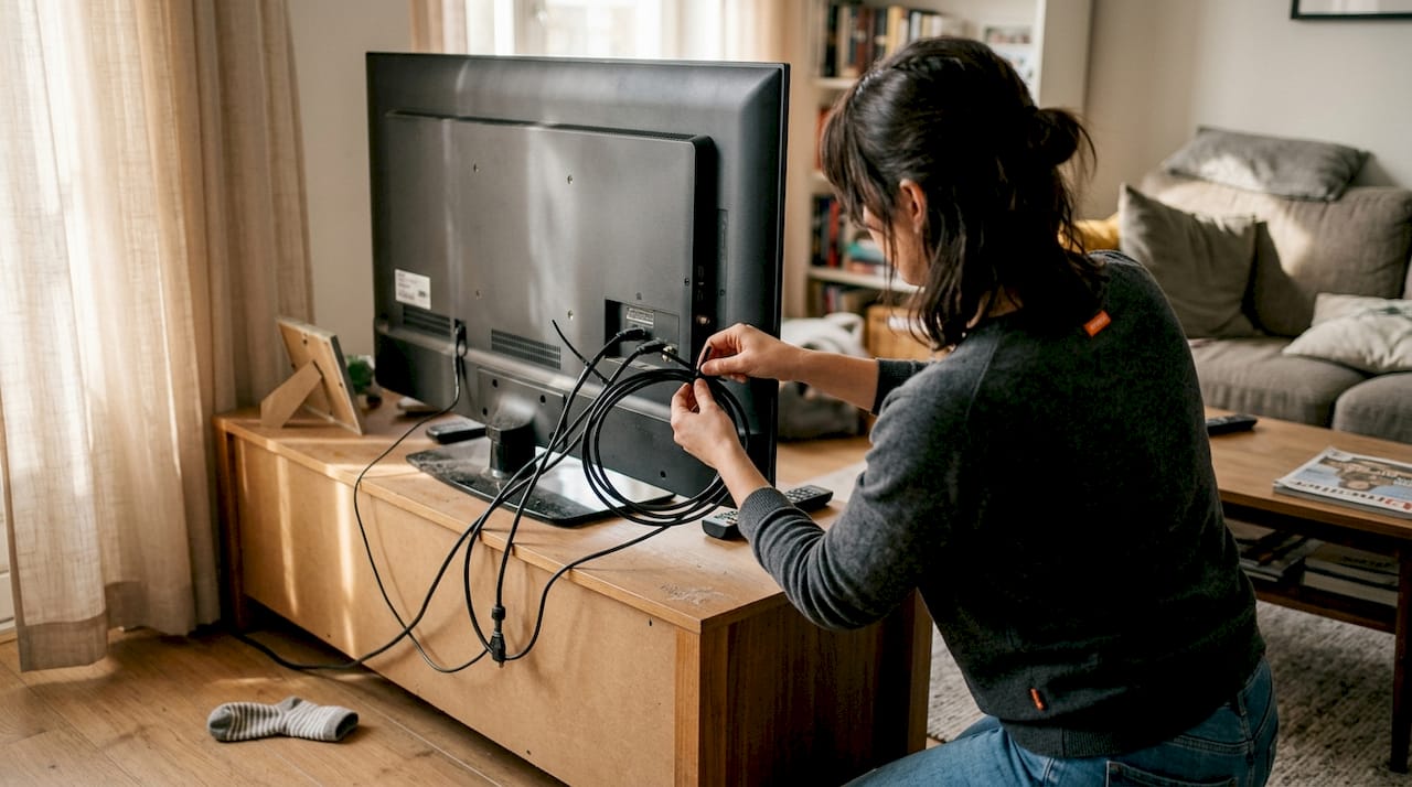 Een vrouw zorgt ervoor dat de tv-kabels in haar woonkamer netjes zijn weggewerkt.