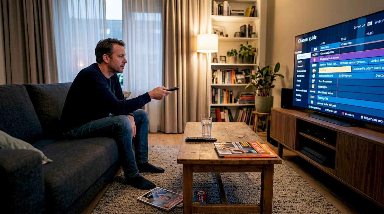 Een man zit in de woonkamer televisie te kijken op een OLED-scherm.
