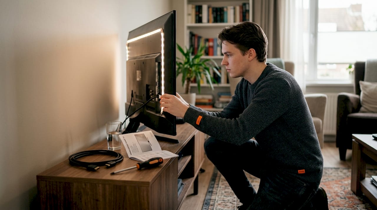 Achterzijde van de tv met goed zichtbare Ambilight-ledstrips