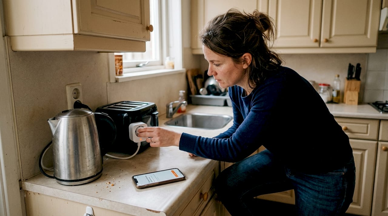 Een vrouw sluit een slimme stekker aan in de keuken.