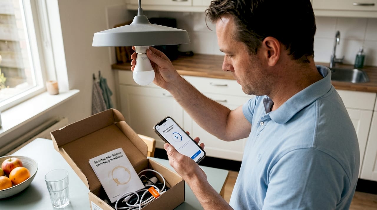 Man sluit slimme lamp aan op zijn smartphone