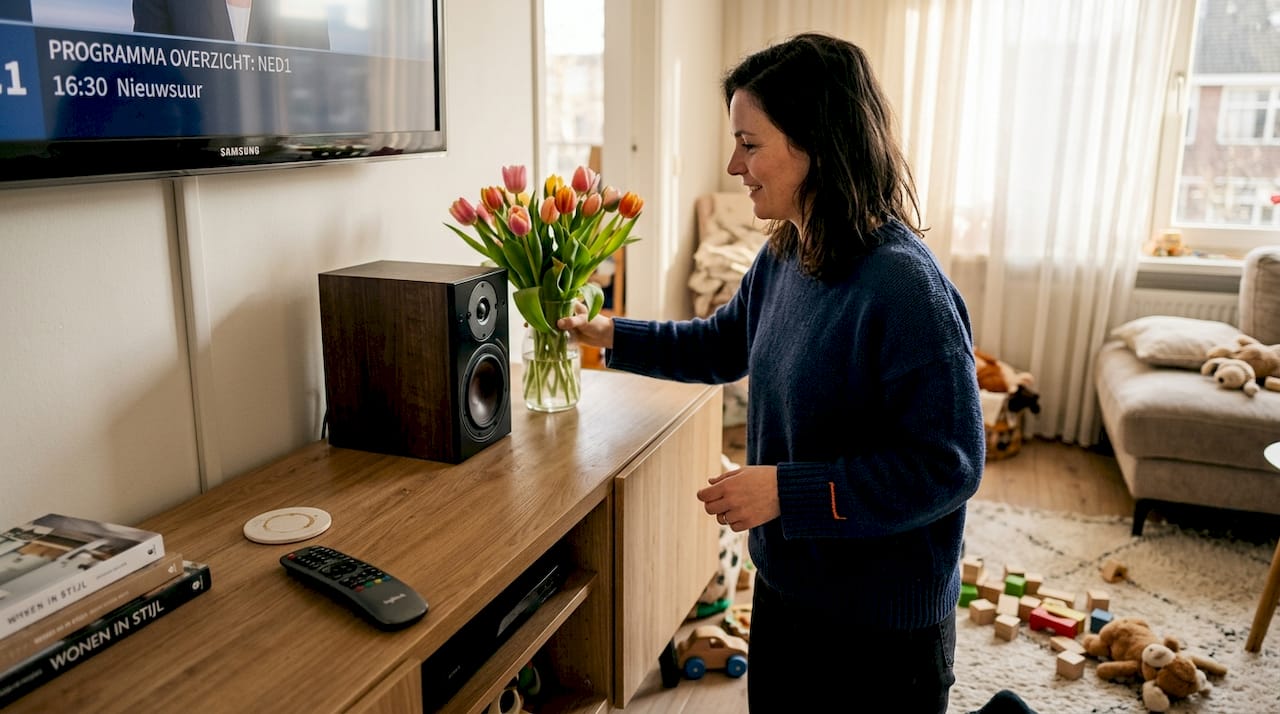 Een vrouw zet een speaker neer naast het tv-meubel.