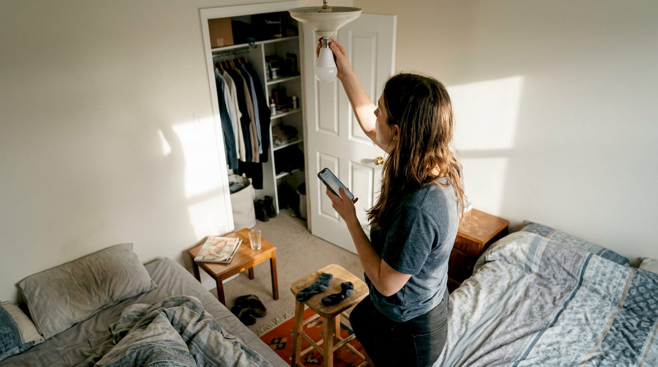 Vrouw plaatst slimme lamp in rommelige slaapkamer