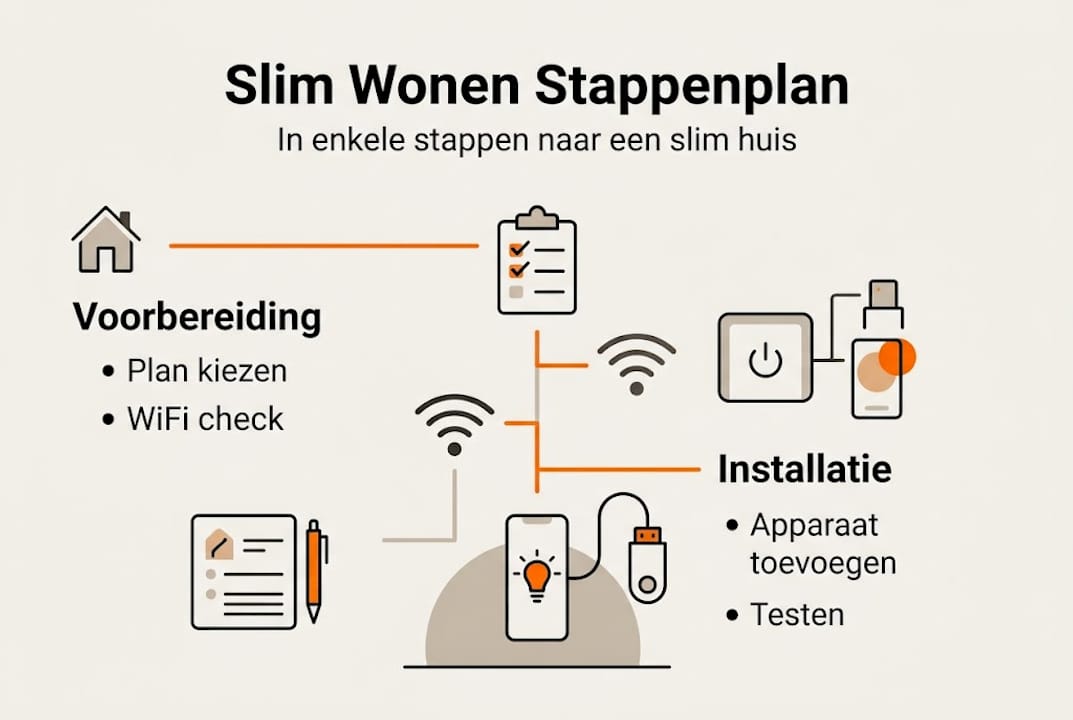 Overzichtelijke infographic met stappenplan voor slim wonen, verdeeld over twee kolommen