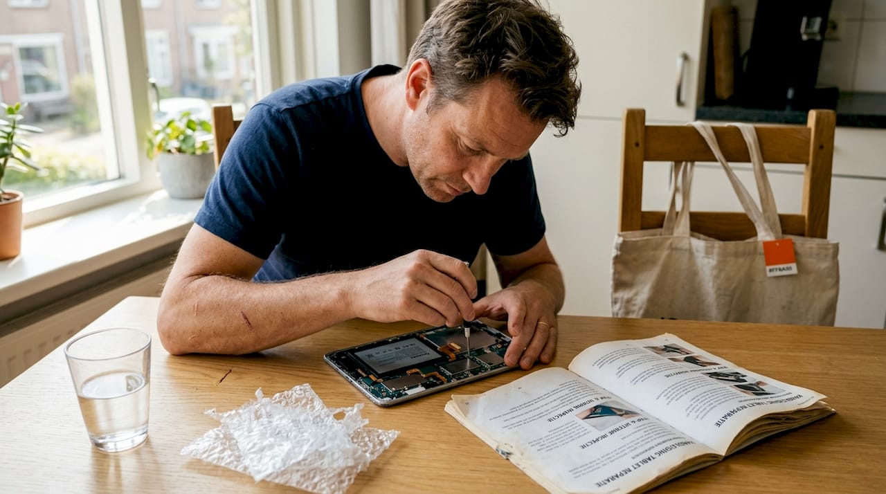 Man onderzoekt welke onderdelen van een tablet hergebruikt kunnen worden