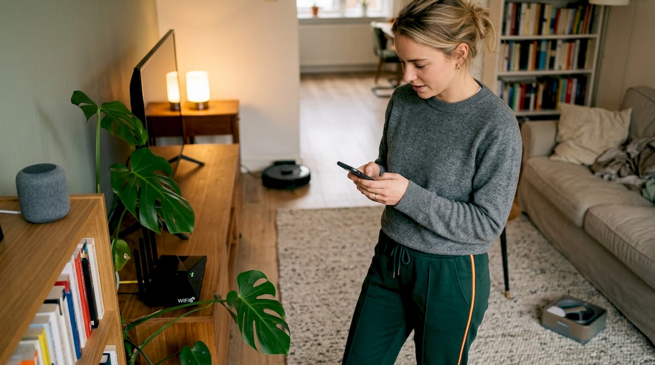 Vrouw stelt wifi in via slimme apparaten in huis