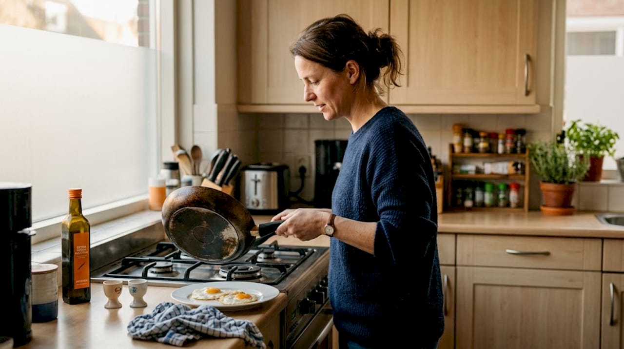 Een vrouw staat in de keuken en kookt met een pan die voorzien is van een nanocoating.