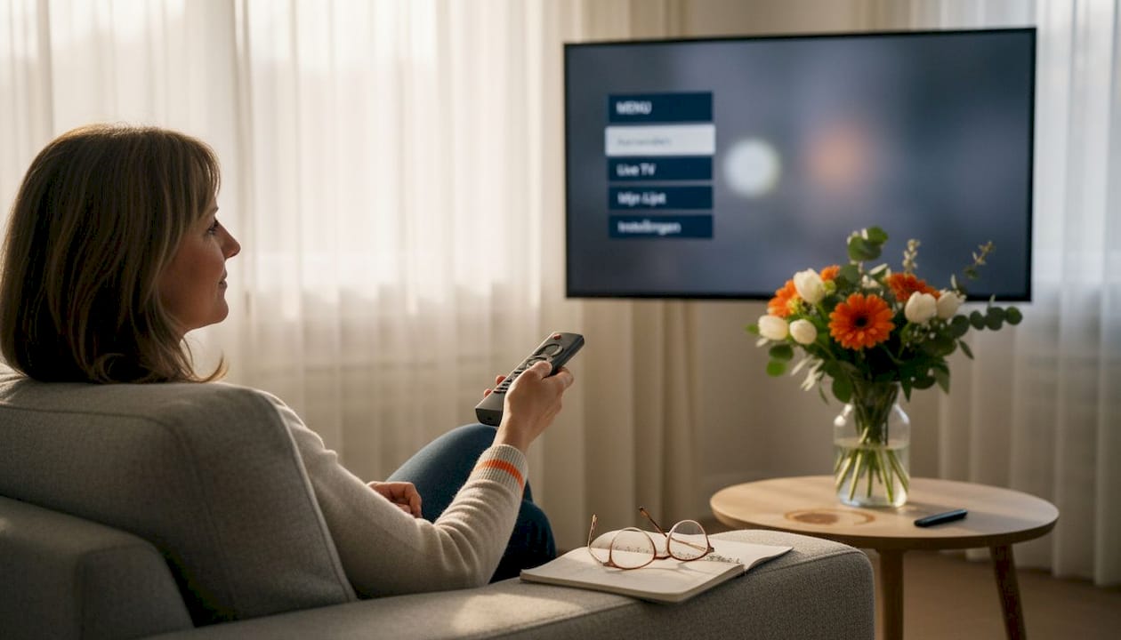 Vrouw voert software-update uit via het tv-menu