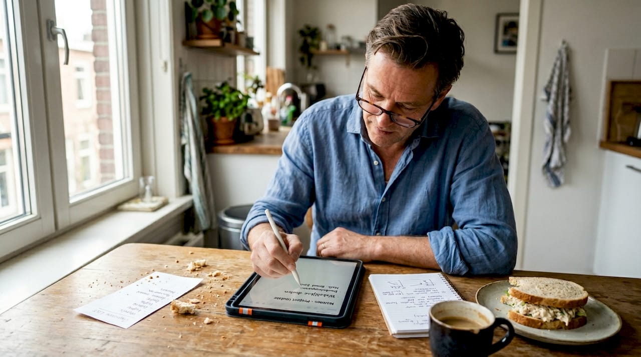 Man zit aan de keukentafel en maakt aantekeningen op zijn tablet.