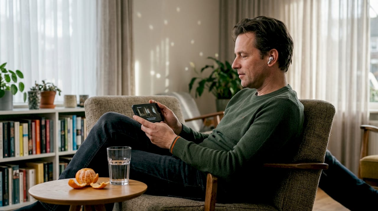 Man kijkt een film op zijn smartphone, maar zonder HDR-ondersteuning.