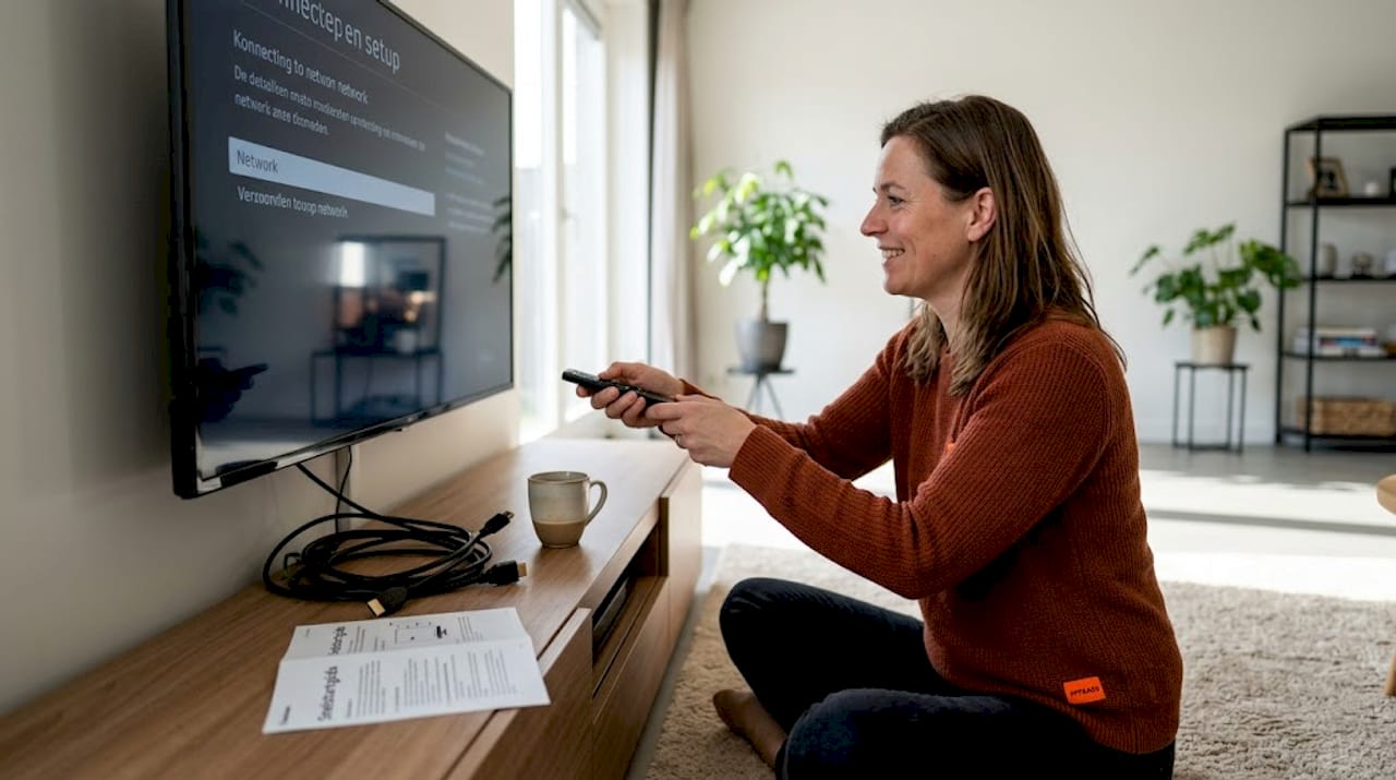 Vrouw stelt thuis haar tv opnieuw in na een fabrieksreset