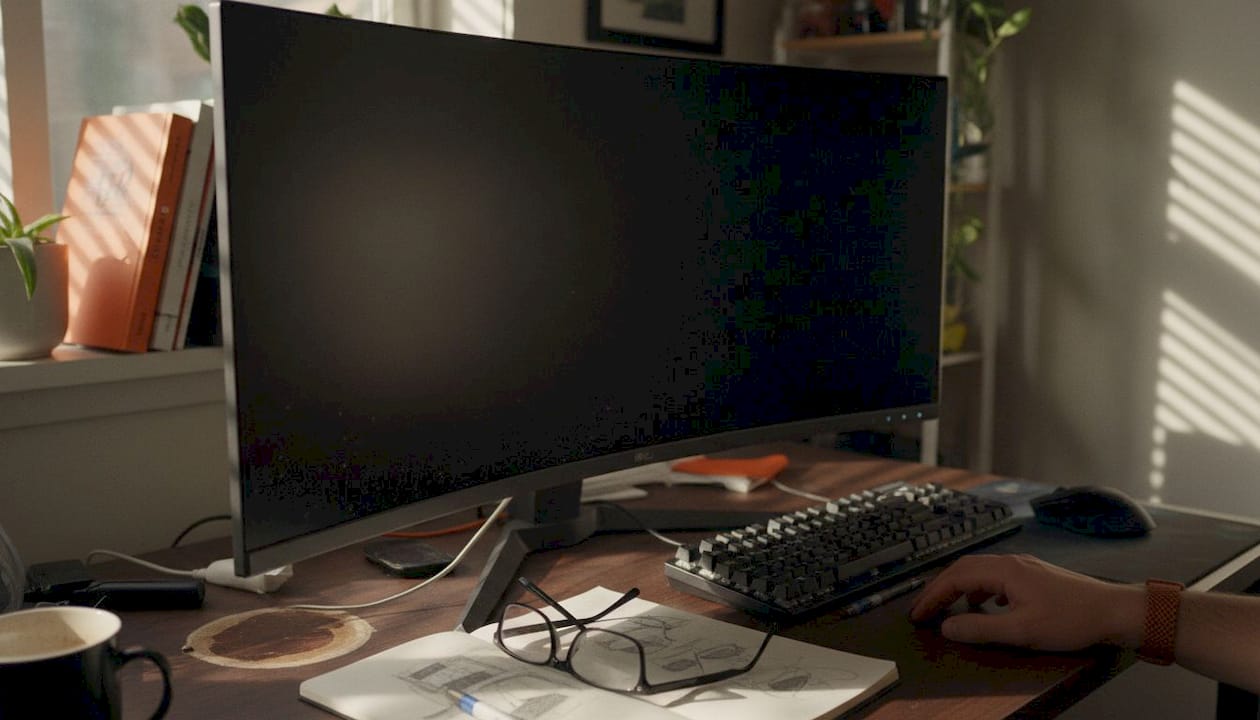 Close-up zijaanzicht van een gebogen gamemonitor