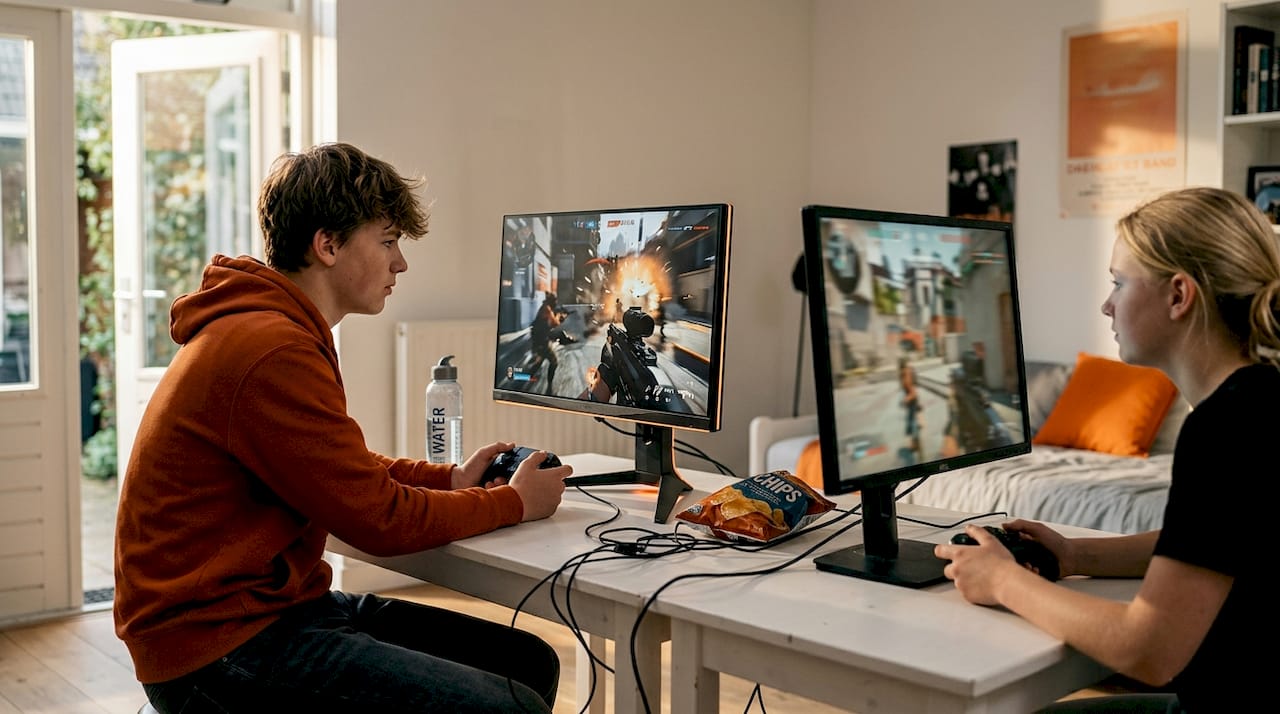 Twee tieners zitten achter hun eigen scherm.