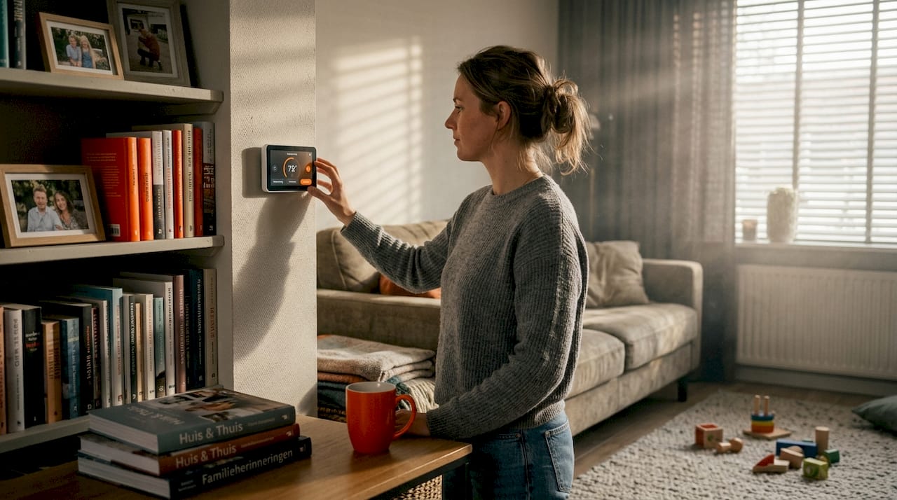 Een vrouw stelt de slimme thermostaat bij in de woonkamer.