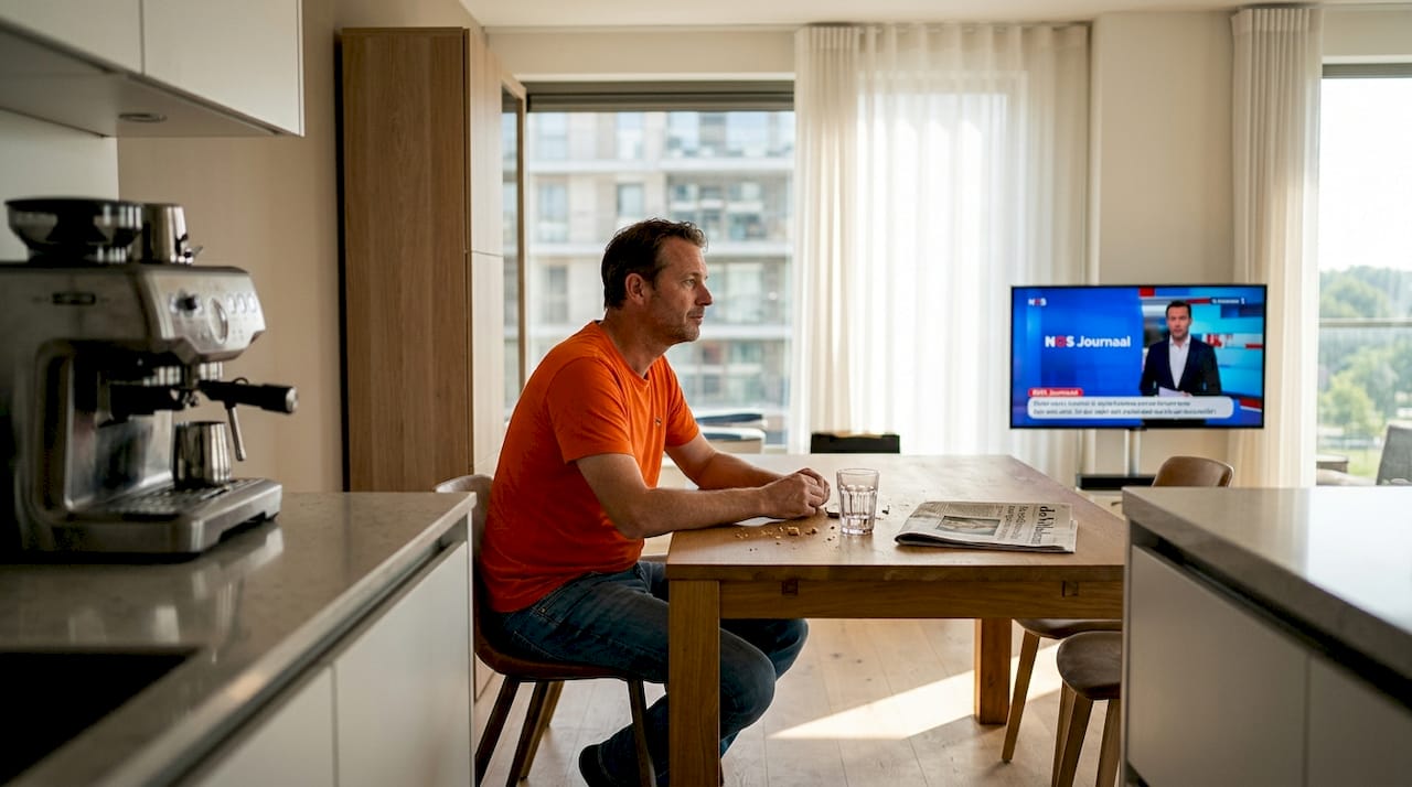 Een man zit tv te kijken terwijl de ochtendzon fel de woonkamer in schijnt.